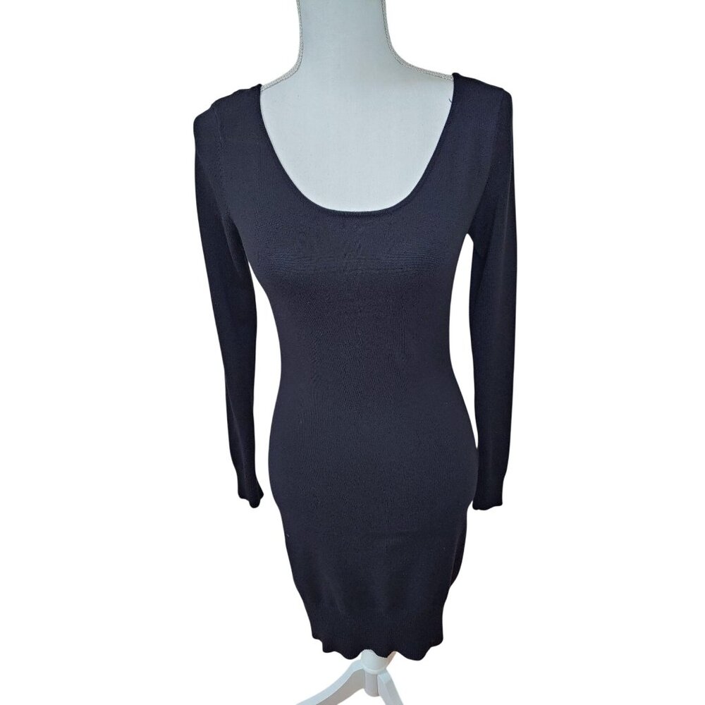 Black Long Sleeve Knit Bodycon Dress With Scoop Neck & Back Cutout Design